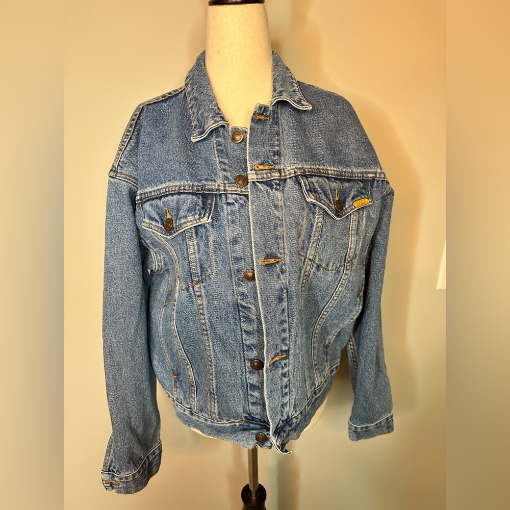 Sz L Jordache vintage 90s jean denim jacket pockets medium wash